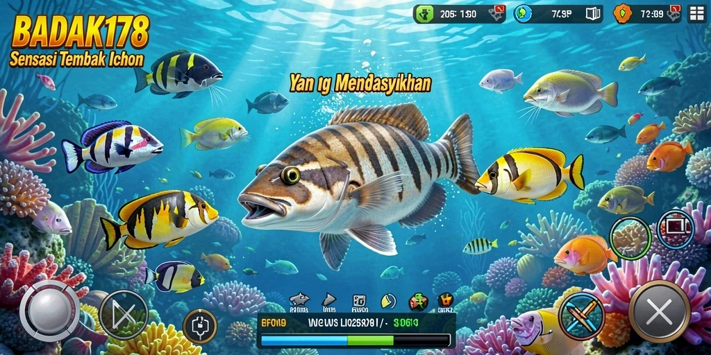 Tampilan gameplay seru di BADAK178, menembak ikan berwarna-warni.