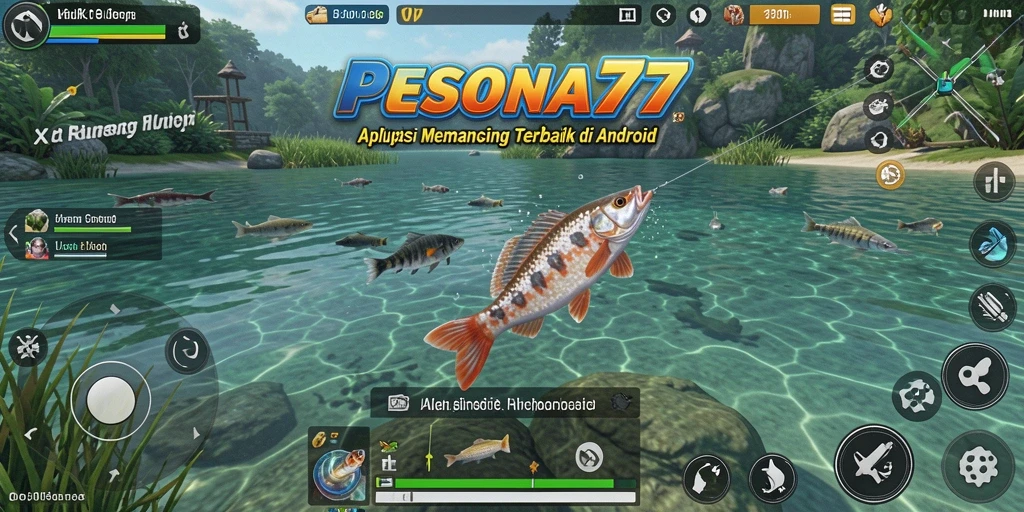 Tampilan gameplay PESONA77 yang realistis saat memancing di danau.