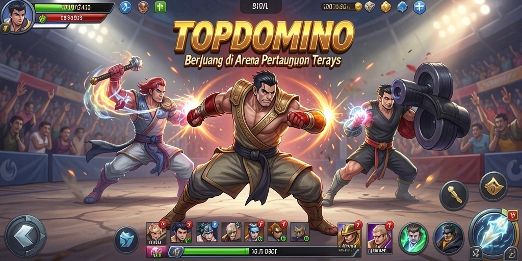 Screenshot gameplay <strong>TOPDOMINO</strong> menampilkan pertempuran seru di arena Battle Royale.